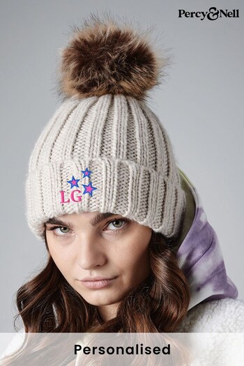 Personalised Embroidered Pom Pom Beanie with Neon Stars and Initials by Percy & Nell (K68238) | £16