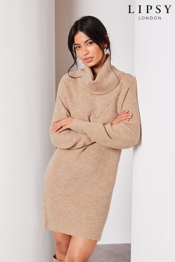 Lipsy Neutral Long Sleeve Cowl Neck Knitted Jumper Dress (K68312) | £52