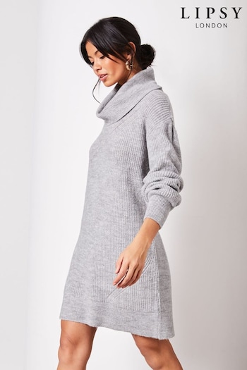 Lipsy Grey Long Sleeve Cowl Neck Knitted Jumper Dress (K68313) | £52