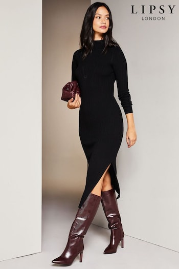 Lipsy Black Long Sleeve High Neck Ribbed Bodycon Dress (K68314) | £56