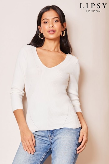 Lipsy Ivory White Long Sleeve V Neck Button Knitted Jumper (K68315) | £39