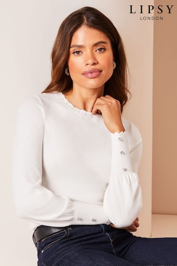 Lipsy Ivory White Long Sleeve Scallop Detail Knitted Jumper (K68333) | £30