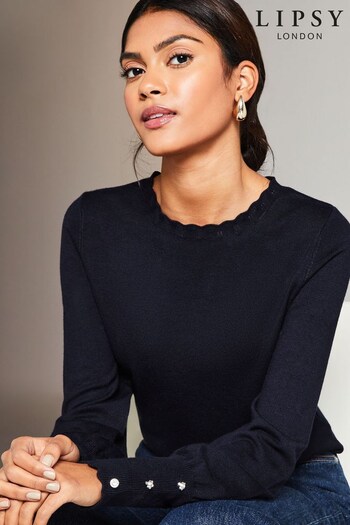 Lipsy Navy Blue Long Sleeve Scallop Detail Knitted Jumper (K68334) | £30