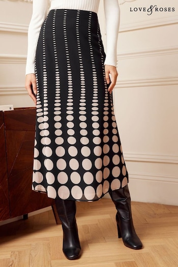 Love & Roses Black/White Polka Dot Printed Column Midi Skirt (K68700) | £42