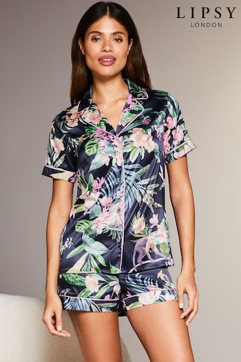 Lipsy Black Tropical Satin Short Sleeve Shorts Pyjamas (K68709) | £36