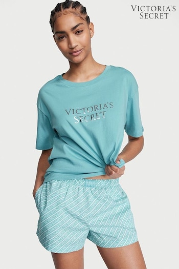 Victoria's Secret Fountain Blue Logo Stripe Cotton T-Shirt Short Pyjamas (K68721) | £39