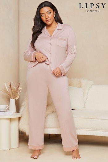 Lipsy Pale Pink Curve Jersey Long Sleeve Shirt And Trousers Pyjamas (K68739) | £39
