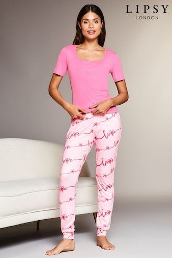 Lipsy Pink Printed Petite Jersey Henley Short Sleeve Pyjamas (K68743) | £36