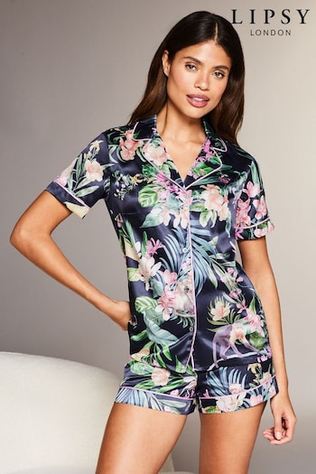 Lipsy Black Tropical Petite Satin Short Sleeve Shorts Pyjamas (K68744) | £36