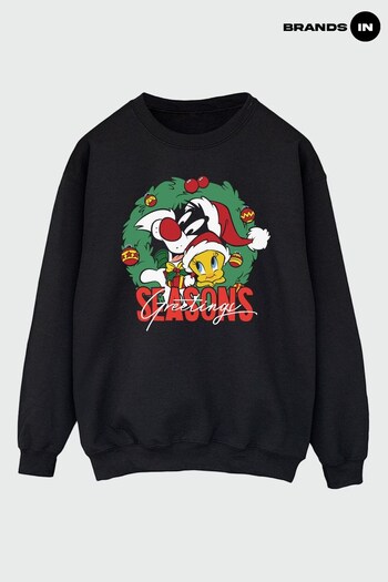Brands In Black Looney Tunes Seasons Greetings Men Black Sweatshirt (K68825) | £36