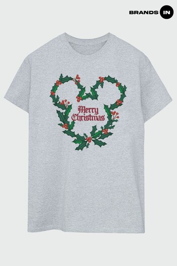 Brands In Grey Mickey Mouse Merry Christmas Holly Men Heather Grey T-Shirt (K68850) | £23