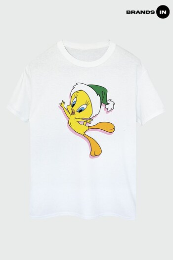 Brands In White Looney Tunes Tweety Christmas Hat Women White Boyfriend Fit T-Shirt (K68864) | £23