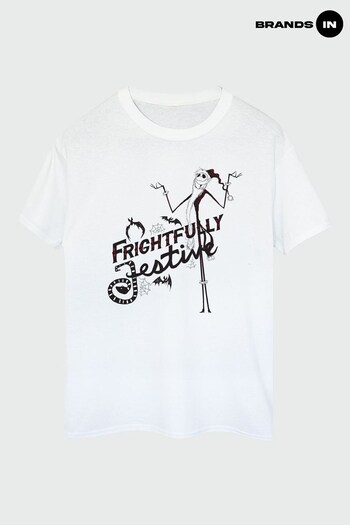 Brands In White Nightmare Before logo-print Frightfully Festive Women White Boyfriend Fit T-Shirt (K68867) | £23