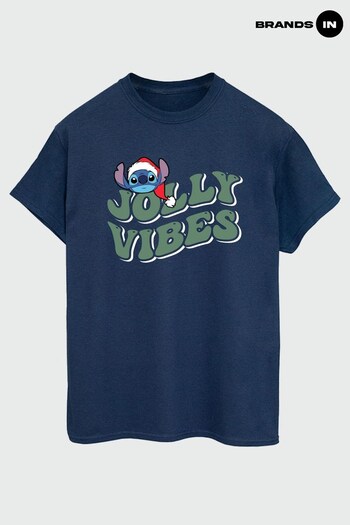 Brands In Navy Lilo & Stitch Jolly Chilling Vibes Women Navy Boyfriend Fit T-Shirt (K68874) | £23