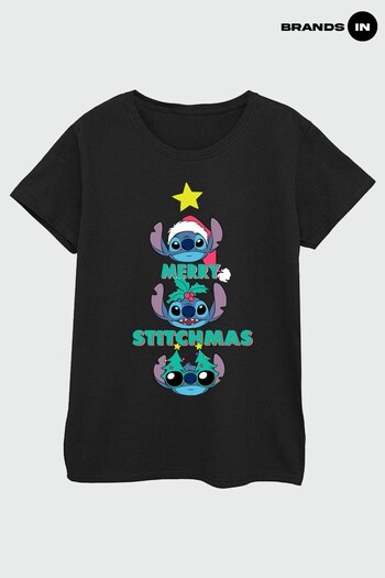 Brands In Black Lilo & Stitch Angel Merry Stitchmas Women Black T-Shirt (K68879) | £24