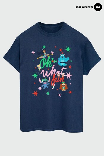 Brands In Navy Brands In Christmas Navy Disney 100 Oh What Fun Women Navy Boyfriend Fit T-Shirt (K68883) | £23