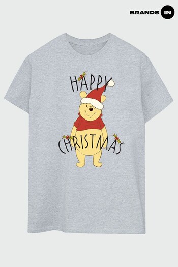 Brands In Grey Winnie The Pooh Happy Christmas Holly Women Heather Grey Boyfriend Fit T-Shirt (K68890) | £23