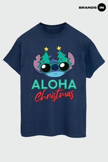 Brands In Navy Lilo & Stitch Christmas Tree Shades Women Navy Boyfriend Fit T-Shirt (K68895) | £23