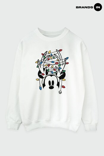 Brands In White Mickey Mouse Christmas Head Lights Women White Sweatshirt (K68896) | £36