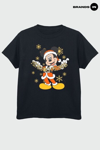 Brands In Black Mickey Mouse Merry Christmas Gold Boys Black T-Shirt (K68929) | £17