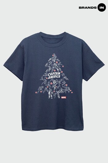 Brands In Navy Captain America Christmas Tree Boys Navy T-Shirt (K68935) | £17