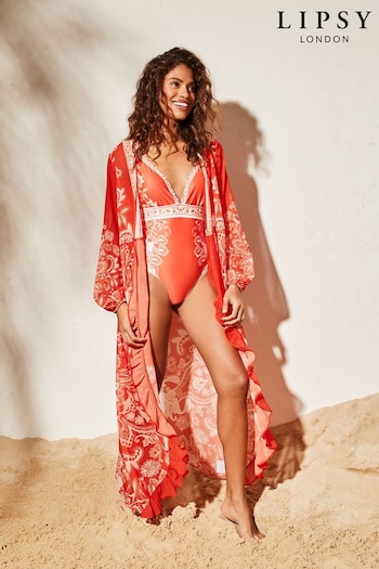 Lipsy Red Printed Long Sleeve Belted Kimono Cover Up (K69014) | £44