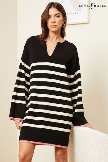 Print Shorts Ladies Black Cosy V Neck Knitted Jumper Dress (K69063) | £50