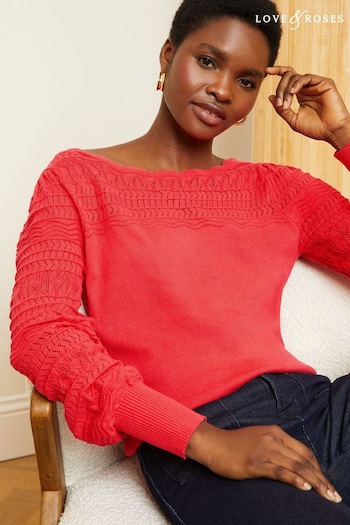 Love & Roses Pink Pointelle Knit Scallop Neck Jumper (K69123) | £39