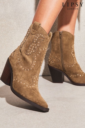 Lipsy Tan Brown Mid Heeled Zip Up Studded Western Ankle Boot (K69156) | £69