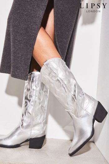 Lipsy Silver Pull On Calf Pointed Western Cowboy Heel Boot (K69160) | £69