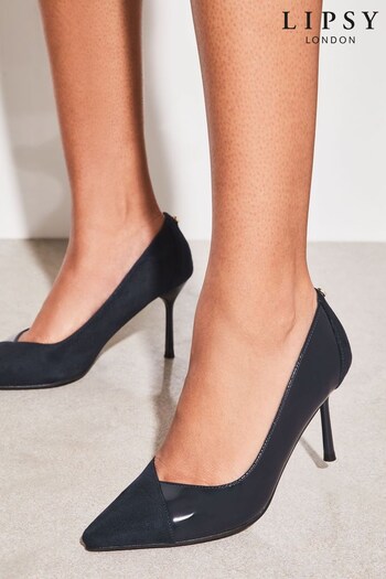 Lipsy Navy Blue Mid Heel Faux Suede Patent Pointed Court Shoes (K69162) | £44