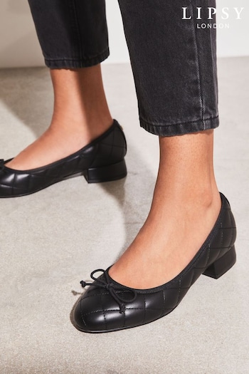 Lipsy Black Low Block Heel Faux Leather Quilted Bow Ballet Pumps (K69168) | £36