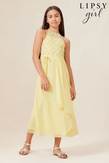 Lipsy Lemon Yellow Strap Maxi Pearl Occasion Dress (7-16yrs) (K69259) | £52 - £60