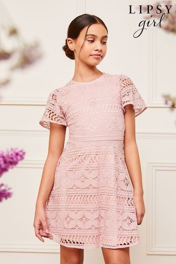 Lipsy Pink Flutter Sleeve Lace Occasion Dress (K69269) | £47 - £57