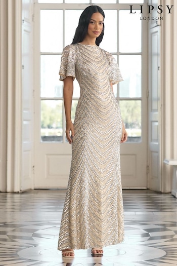 Lipsy Champagne Gold Sequin Cowl Neck Reversible Bridesmaid Dress (K69296) | £160