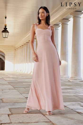 Lipsy Blush Pink Bridesmaid Tie Strap Corset Detail Maxi Dress (K69302) | £90