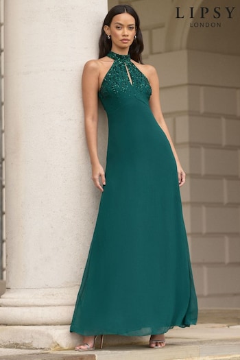 Lipsy Forest Green Bridesmaid Halterneck Embellished Keyhole Maxi Dress (K69303) | £99