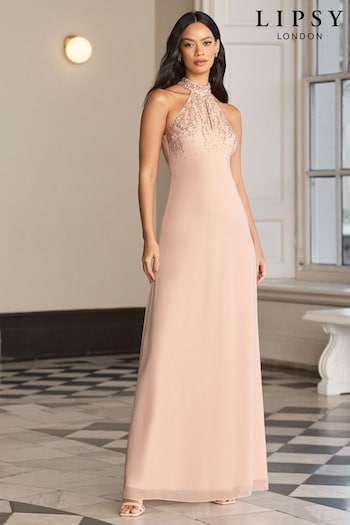 Lipsy Blush Pink Bridesmaid Halterneck Embellished Keyhole Maxi Dress (K69304) | £99