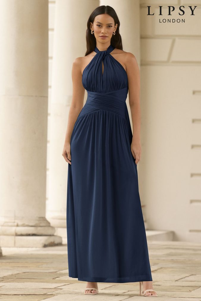 Soft mesh halter bridesmaid dress hot sale