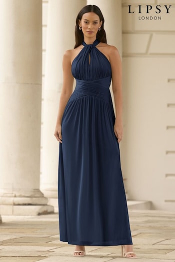 Lipsy Navy Blue Halterneck Keyhole Bridesmaid Maxi Dress (K69306) | £99