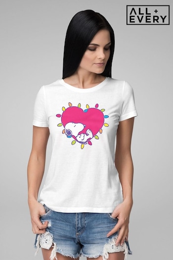 All + Every White Peanuts Snoopy Sleeping In A Lit Up Pink Heart Women's T-Shirt (K69340) | £23