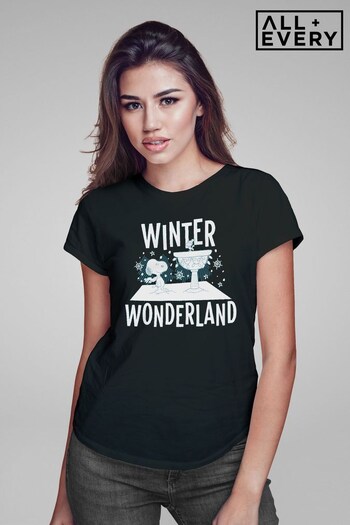 All + Every Black Peanuts Snoopy Woodstock Winter Wonderland Women's T-Shirt (K69341) | £23