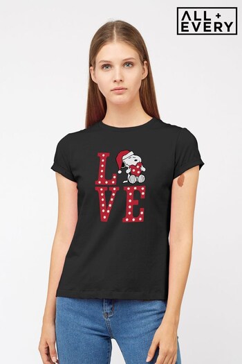All + Every Black Peanuts Snoopy Holding Festive Lit Up Love Heart Women's T-Shirt (K69342) | £23