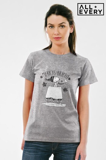All + Every Grey Marl Peanuts Christmas Snoopy And Woodstock Merry And Bright Women's T-Shirt (K69346) | £23