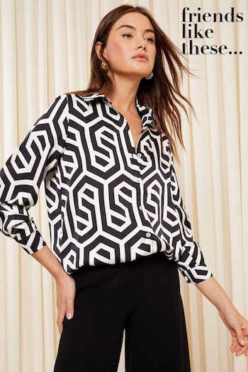 Trending: Zip Neck Knitwear Black/White Printed Long Sleeve Button Through Satin Shirt (K69755) | £33