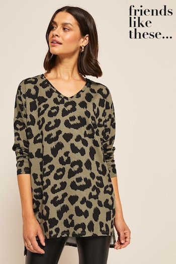 Friends Like These Khaki Green Leopard Animal Petite Soft Jersey V Neck Long Sleeve Tunic Top (K69758) | £27