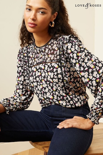 Love & Roses Black And Yellow Floral Long Sleeve Dobby Mix Jersey Blouse (K69767) | £34