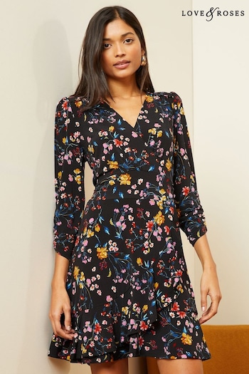 A-Z Mens Brands Black Floral Petite Jersey 3/4 Puff Sleeve Wrap Mini Dress (K69788) | £40
