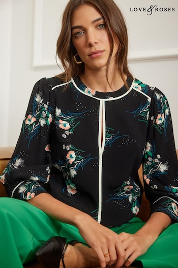 Love & Roses Black Floral Printed Tipped 3/4 Sleeve Keyhole Blouse (K69795) | £36