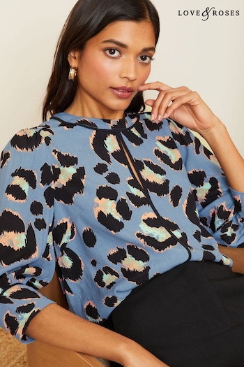 Love & Roses Blue Animal Printed Tipped 3/4 Sleeve Keyhole Blouse (K69797) | £36